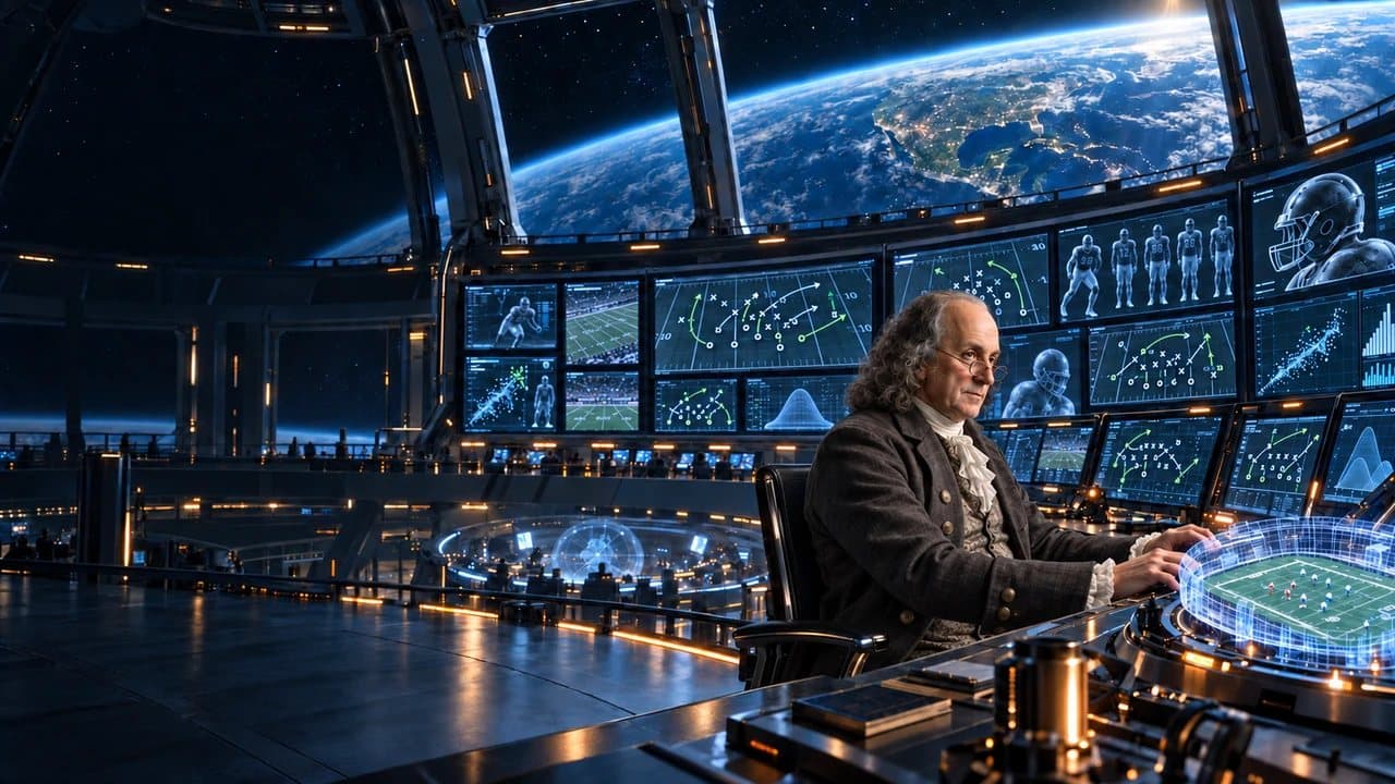 Ben Franklin in his signature coat at the Lotto Lab football command center.