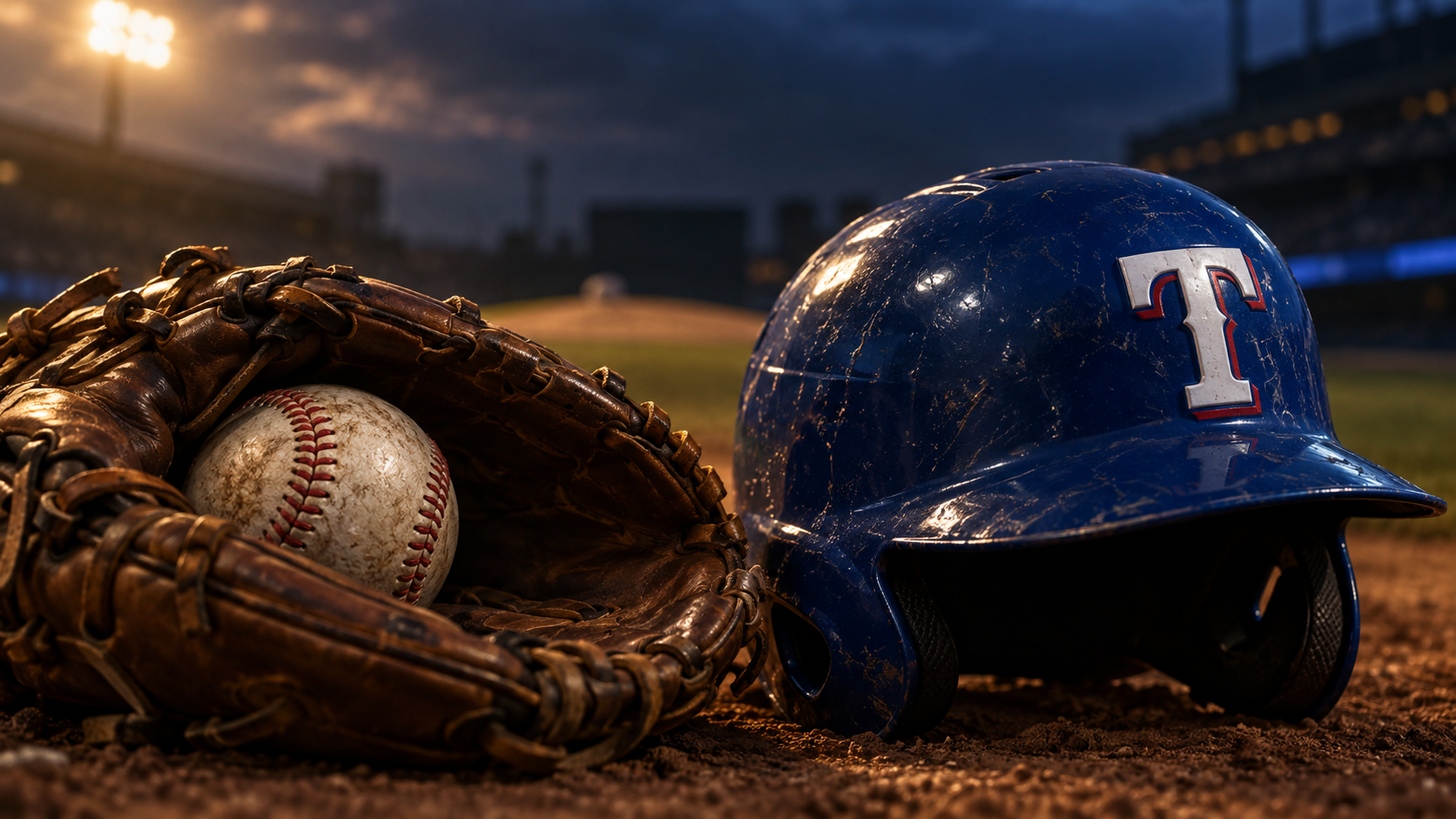 Original Arcline editorial artwork: Texas Rangers helmet, pitching glove and baseball