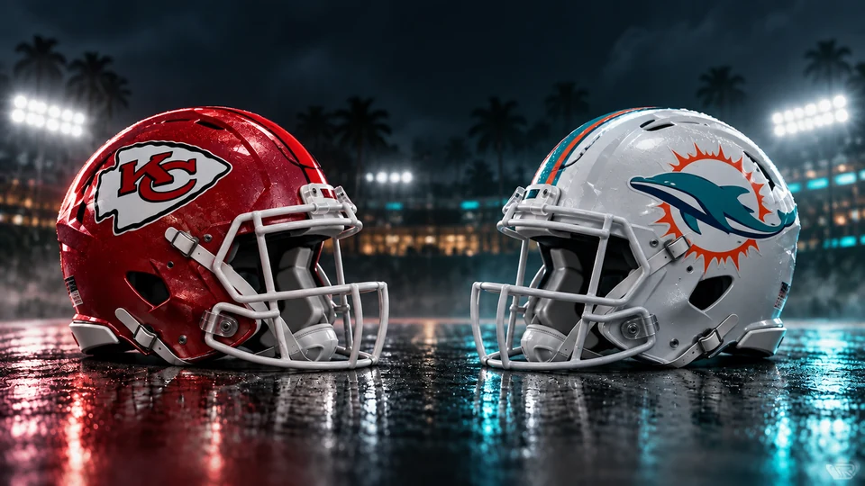 Kansas City Chiefs and Miami Dolphins matchup artwork for the Sunday early slate