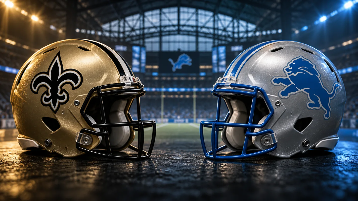 Original editorial illustration: New Orleans Saints and Detroit Lions football helmets.